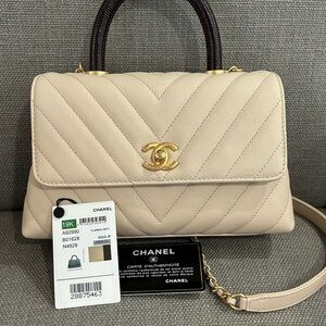 Chanel Caviar Chevron Mini Coco Handle Flap Beige Handbag